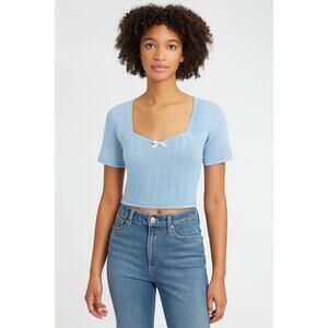 NWT Prarie Blue Knit Crop Top Square Neck Bow Blouse Large Cottagecore Coquette